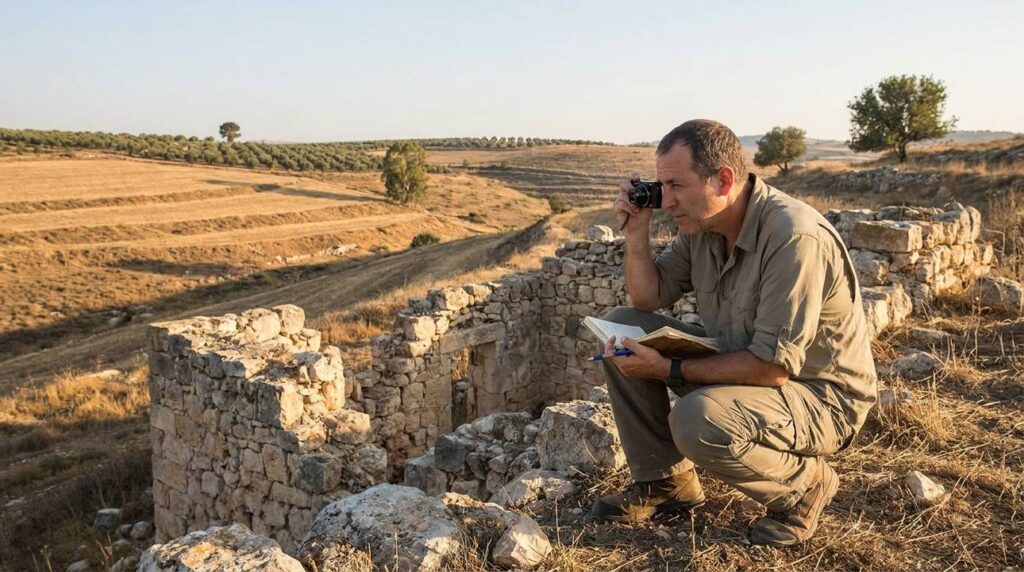 Israeli historian examining ancient ruins in Aijalon valley with camera and notebook.