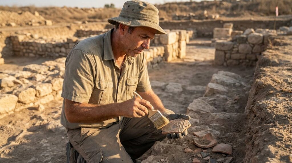 Archaeologist examines artifact at historical dig site near Lud.