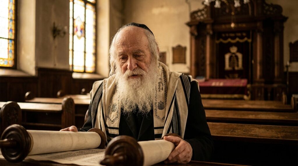 Elderly Jewish man in talit reading Torah in ornate synagogue.