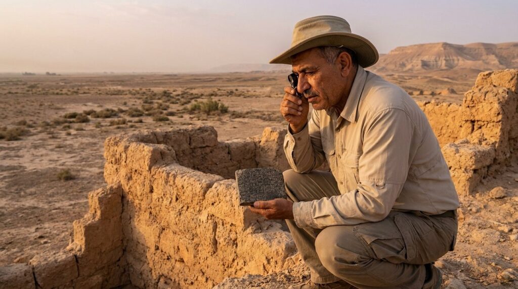 Archaeologist examines inscribed stone in Mesopotamian desert landscape.