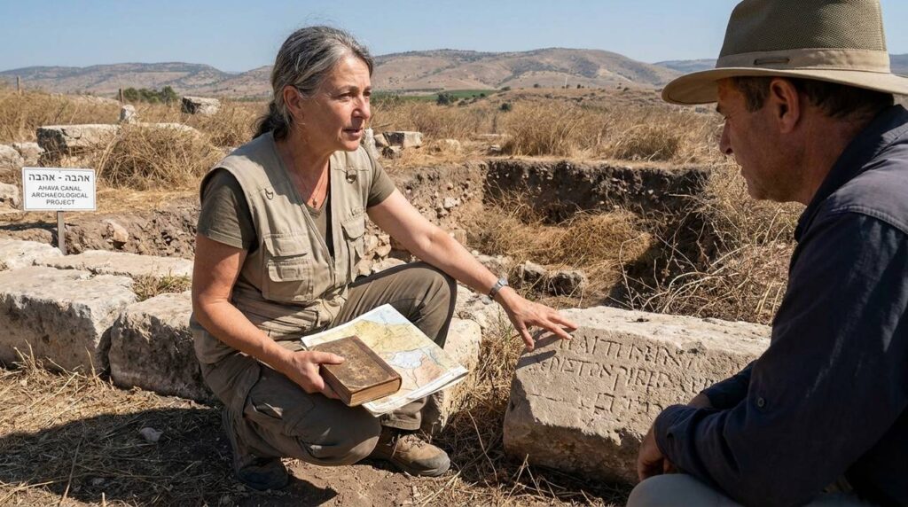 Israeli historian examining Ahava Canal ruins with colleague, holding maps.
