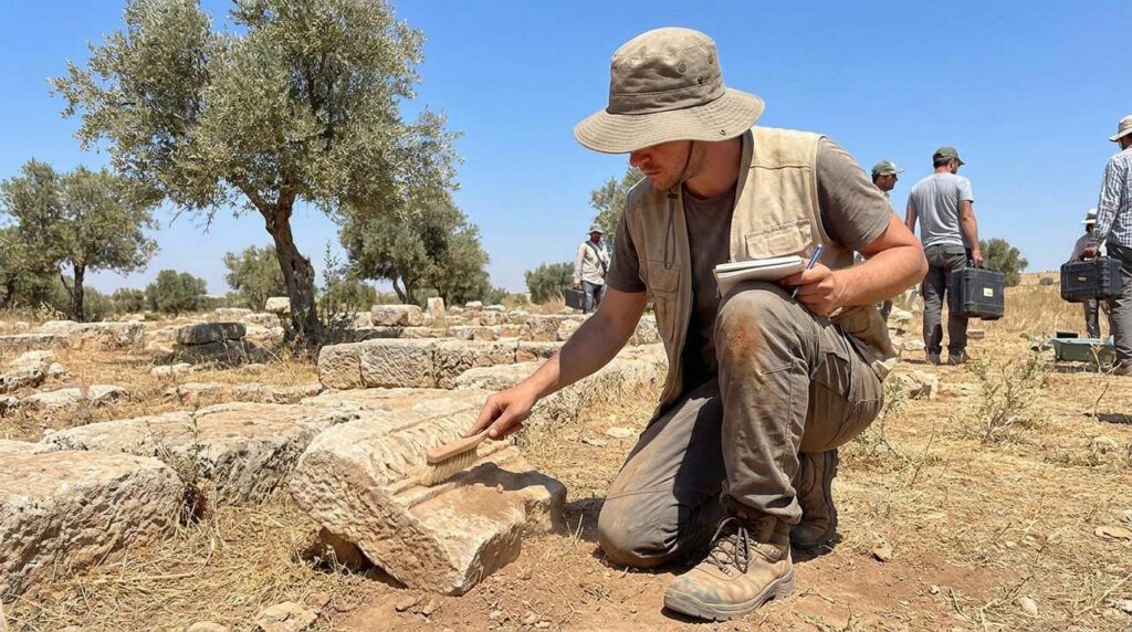 Archaeologist examining ancient ruins in arid landscape with olive trees.