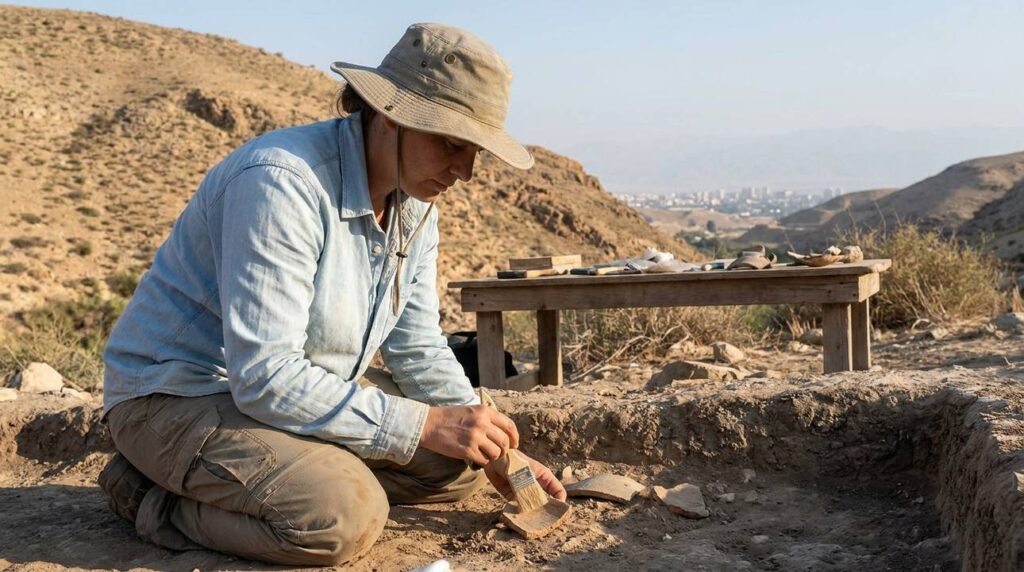 Archeologist examining artifacts near Jordan River with Jericho in background.