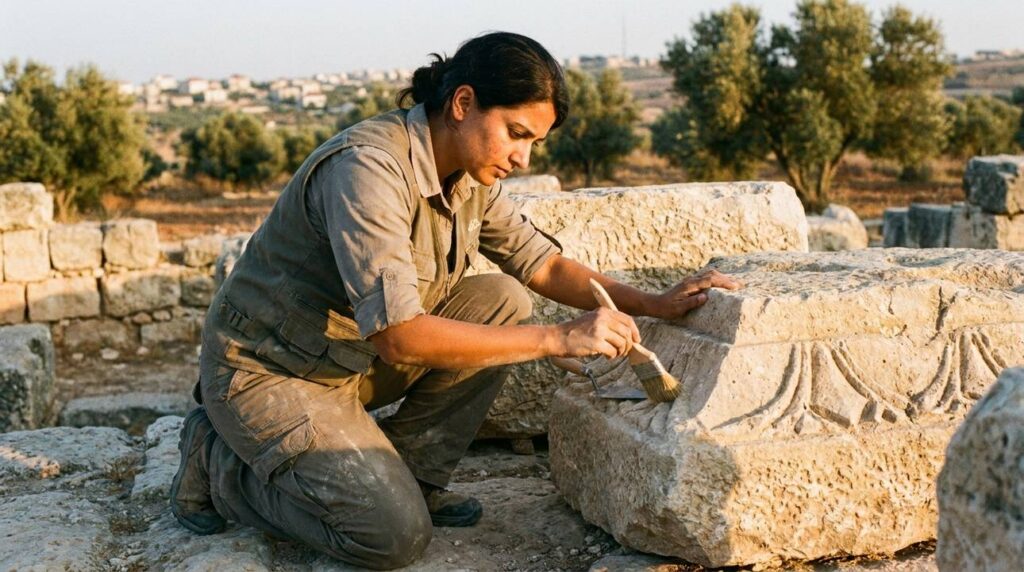 Archaeologist examines ancient stone ruins at historical site in Israel.
