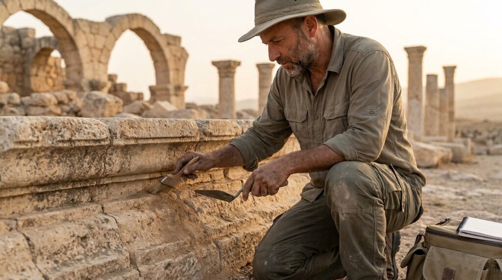 Israeli archaeologist examines ancient ruins at Karnaim in morning light.