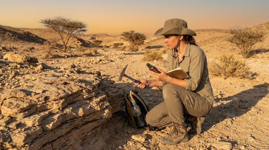 Israeli archaeologist examines geological features in Sinai desert at sunset.