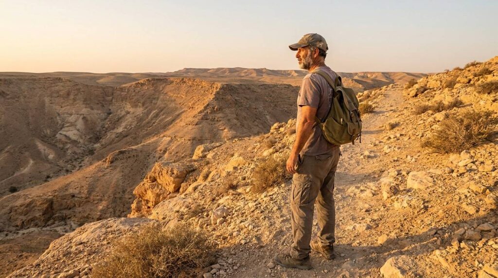Middle-aged Israeli man with backpack standing in Negev desert.