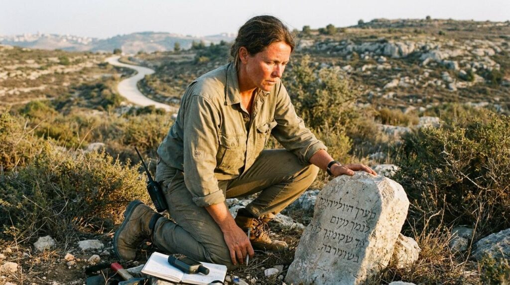 Archaeologist examining ancient stones at historical site in Israel at dusk.