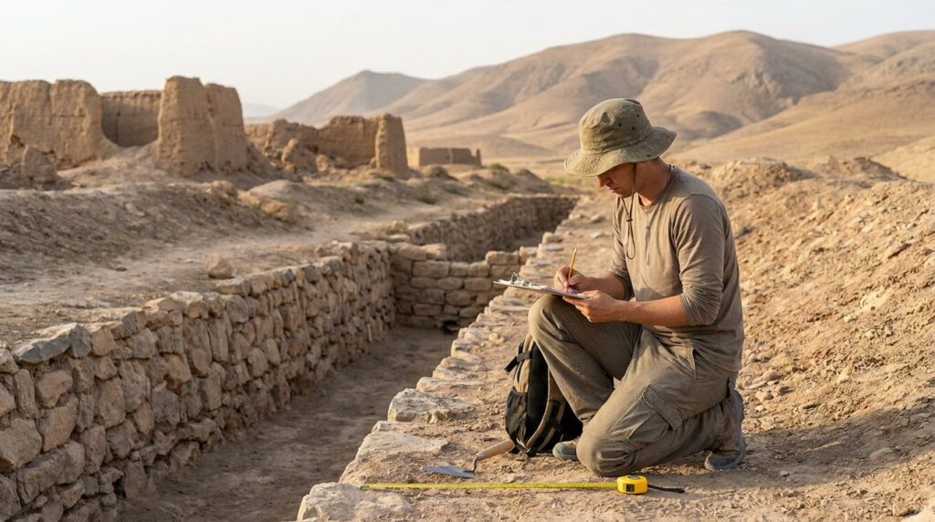 Historian in field attire taking notes at Ulai Canal ruins.