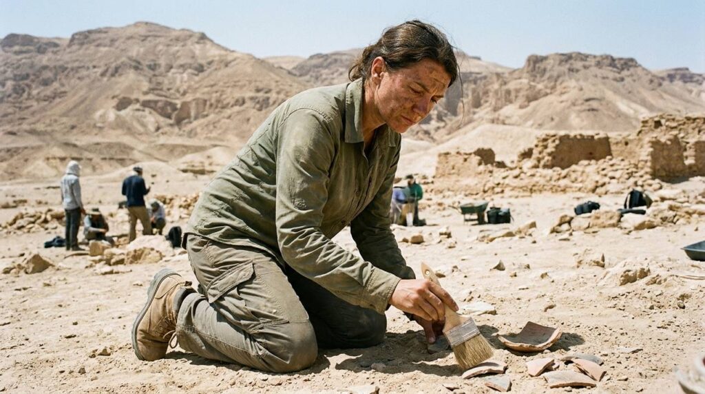 Female archaeologist examines artifacts at desert dig site in Paran.