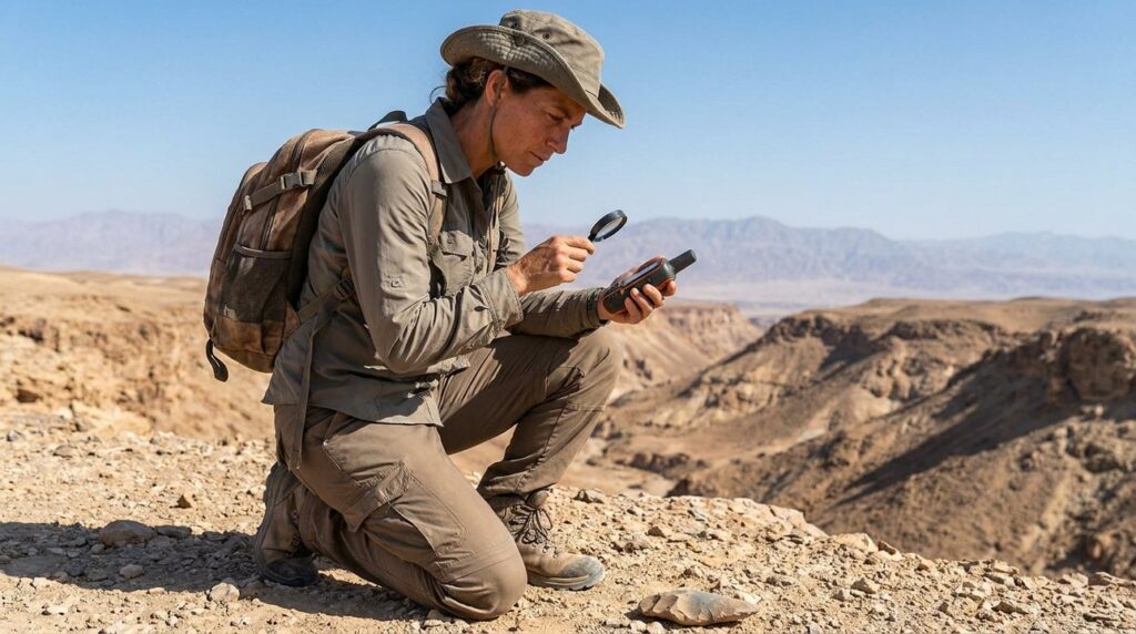 Israeli archeologist examines artifact in Sinai Peninsula desert landscape.