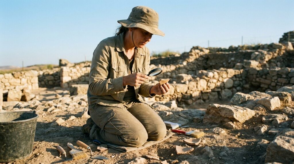Israeli archaeologist examines artifacts at Sokoh in morning light.