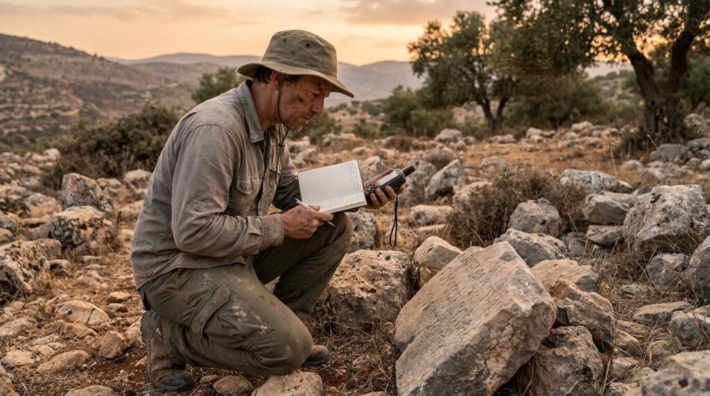 Archaeologist examines ancient stones in a valley, holding notebook and GPS.