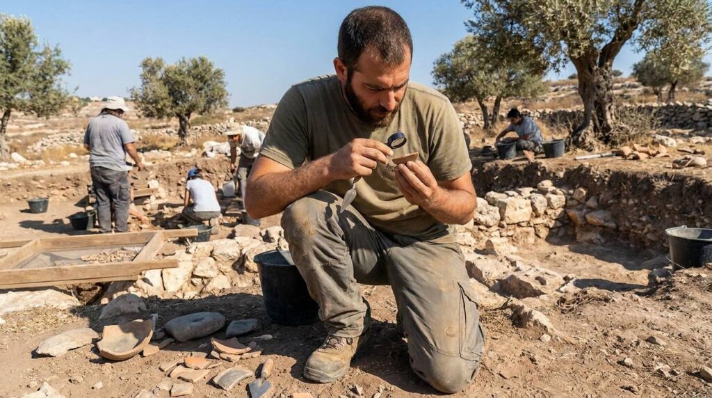 Archaeologist examines artifacts at Hebron excavation site in bright sunlight.