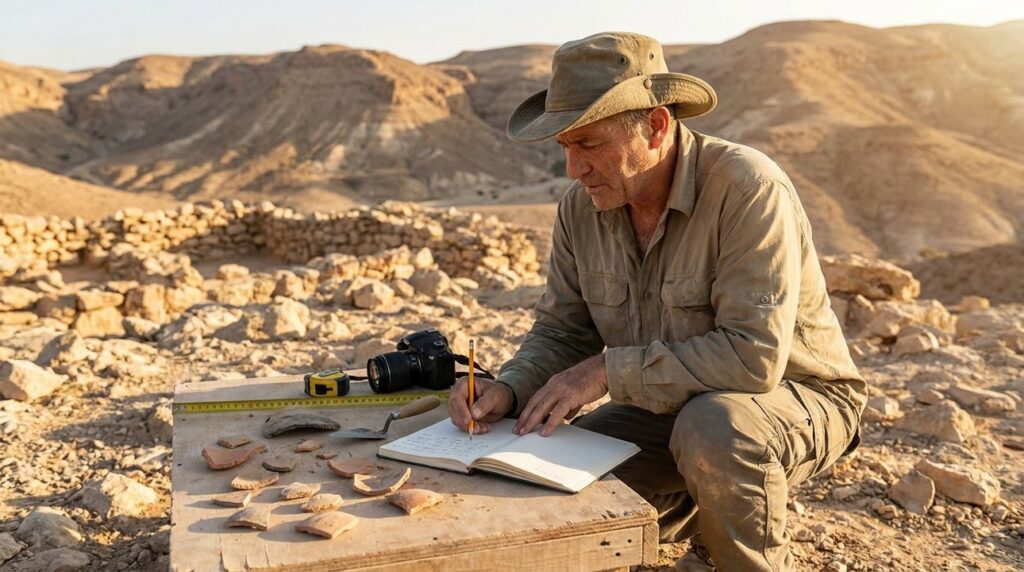 Israeli archaeologist documenting artifacts in Negev desert archaeological site.