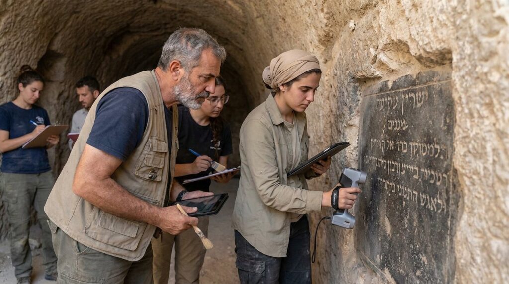 Archaeologists examining Siloam Inscription in an ancient Israeli tunnel.