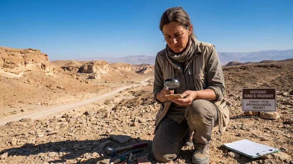 Israeli archaeologist examining artifacts on King's Highway in desert landscape.