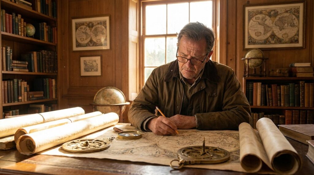 Historian examining ancient maritime maps in a well-lit study room.