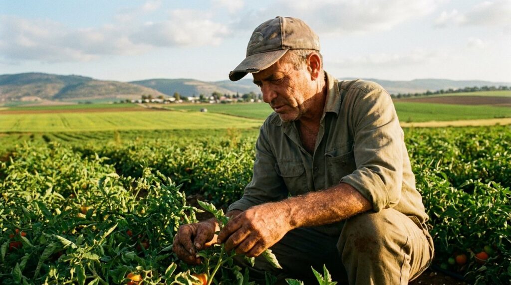 Israeli farmer tending crops in Jezreel Valley at sunset.