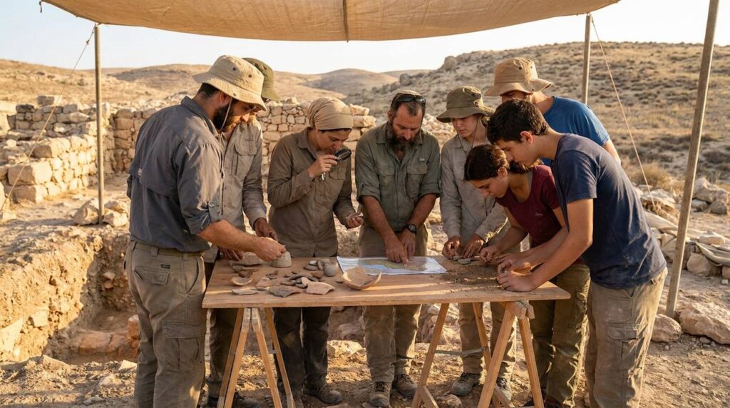 Israeli archaeologists examining artifacts at Rephidim in late afternoon sunlight.
