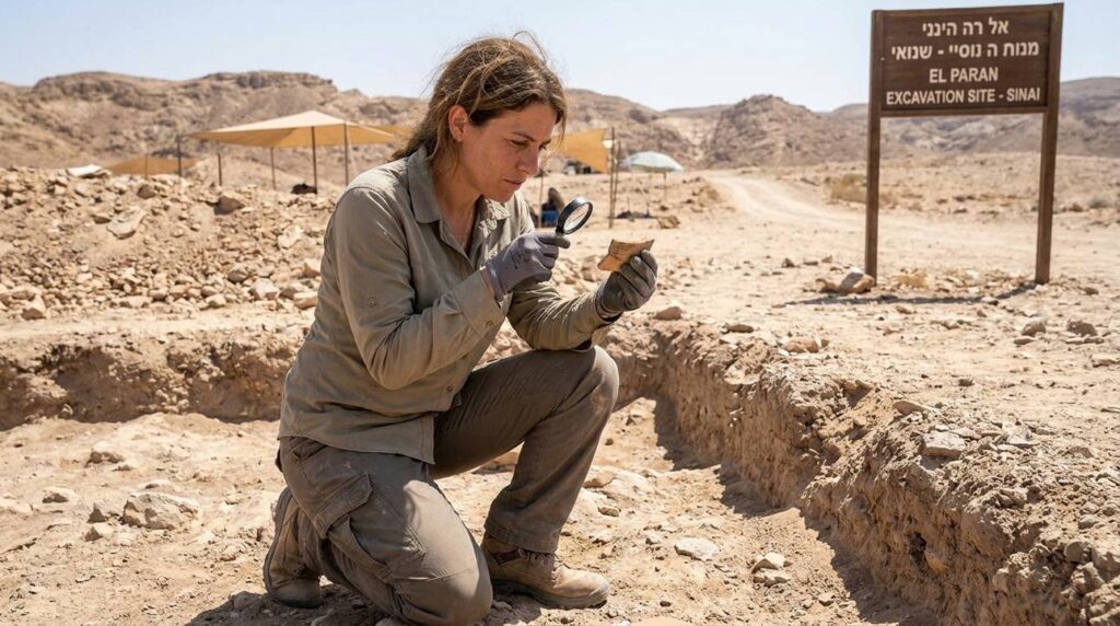 Israeli archaeologist examines artifacts at Sinai Peninsula desert excavation site.