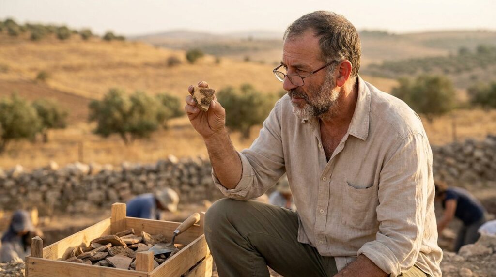 Israeli historian examines pottery shards at archaeological site in meadow.