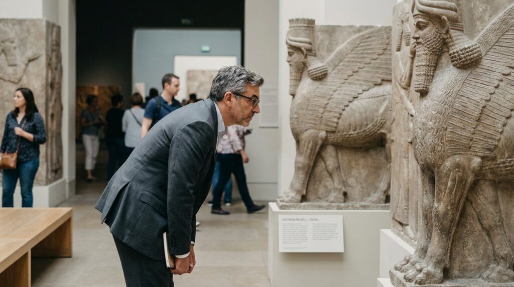 Assyrian man in suit examining ancient reliefs in a museum.