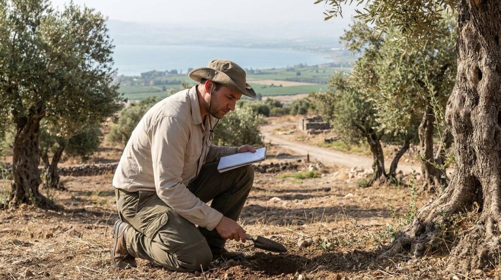 Israeli archaeologist examining olive trees near Chorazin with Sea of Galilee in background.