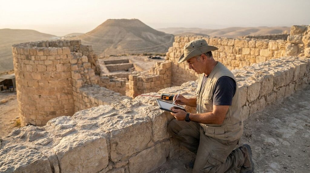 Archaeologist examines Herodium ruins with tablet and measuring tool.