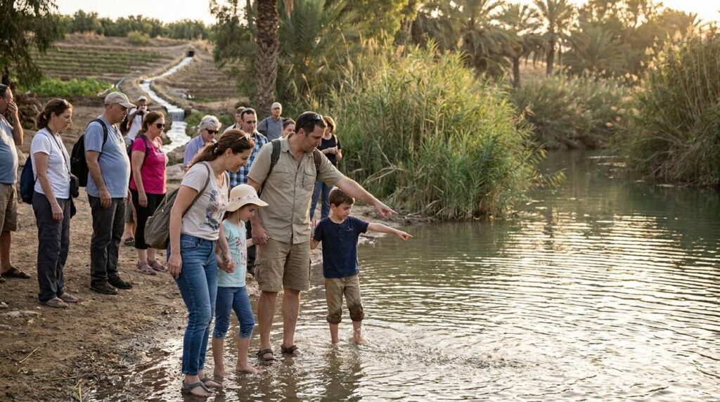 Israeli family of four explores Jordan River in late afternoon light.