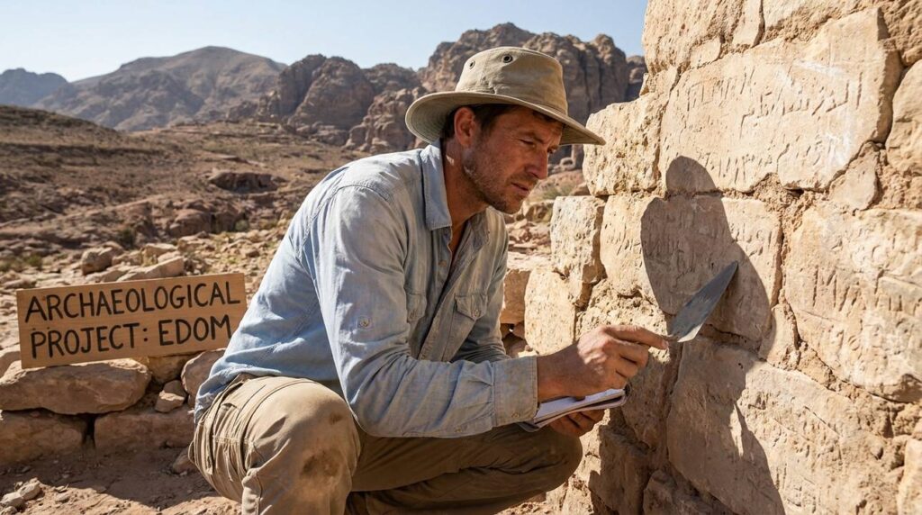 Archaeologist examining ancient ruins in Seir with mountain backdrop.