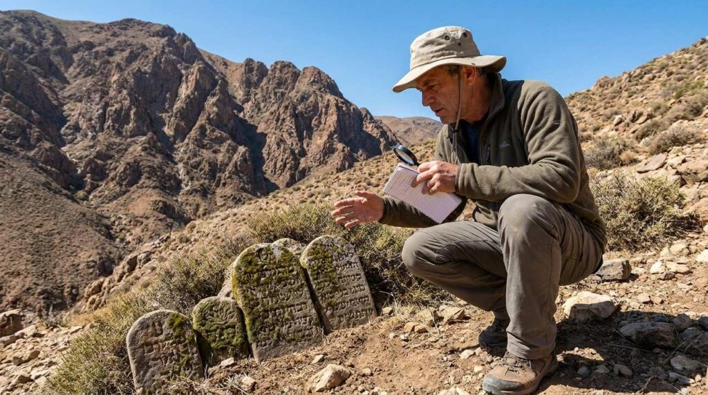 Israeli historian examines ancient markers at Mount Hor under clear sky.
