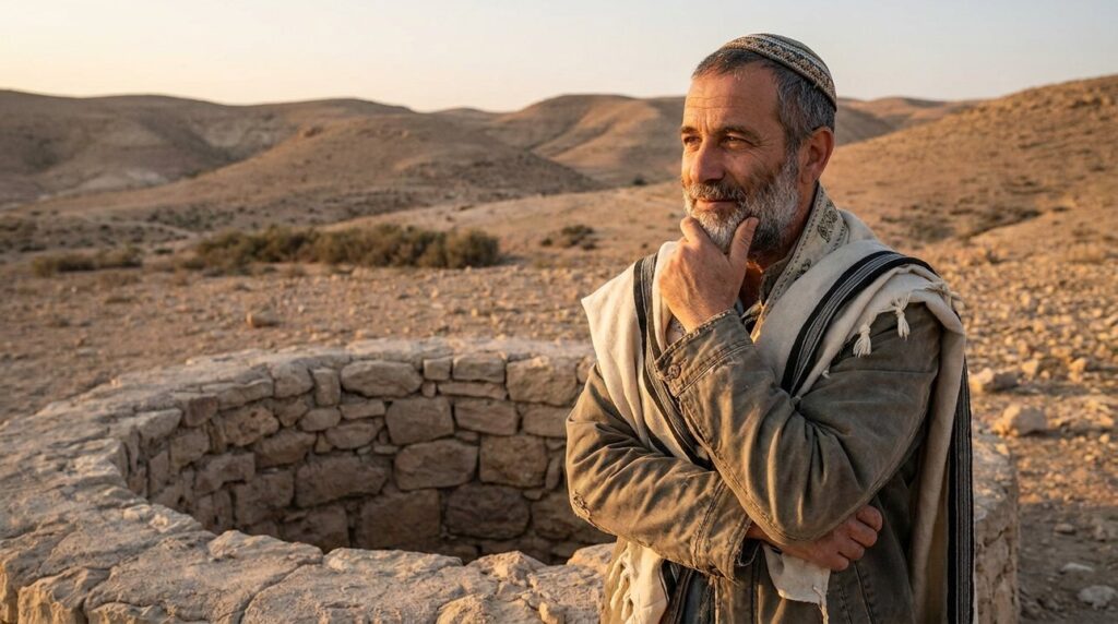 Jewish man in kippah and tallit stands thoughtfully in desert.