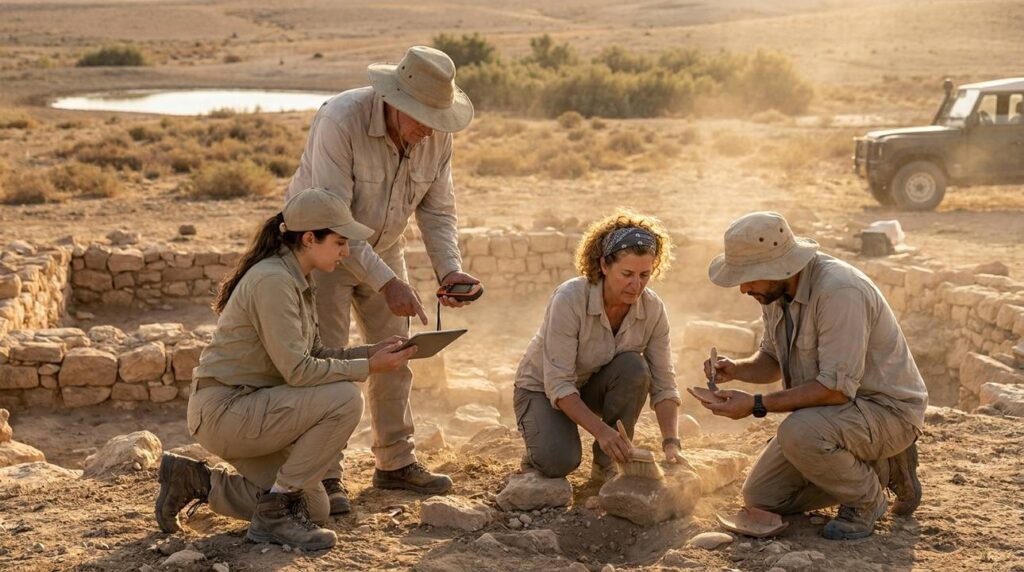 Archaeologists examine ancient ruins in the Negev desert at sunset.