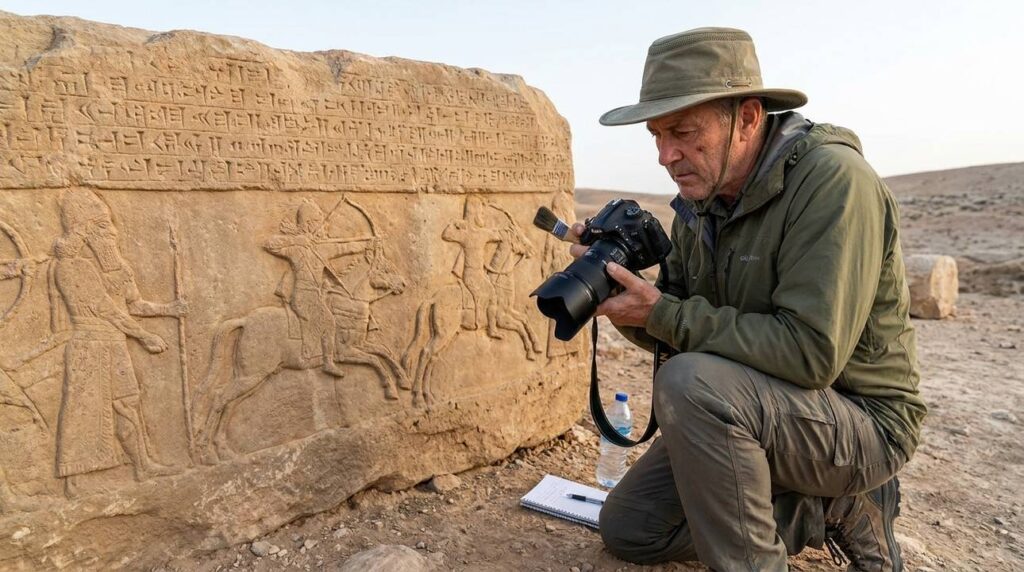 Israeli archaeologist examines ancient inscriptions in natural morning light.