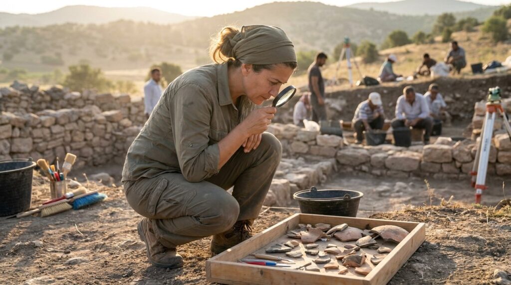 Turkish archaeologist examines artifacts at Anatolian dig site in morning light.