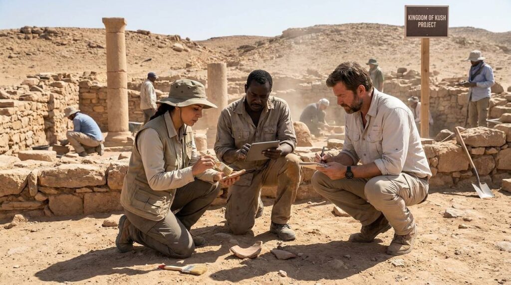 Archaeologists examining ancient ruins in a Middle Eastern desert.