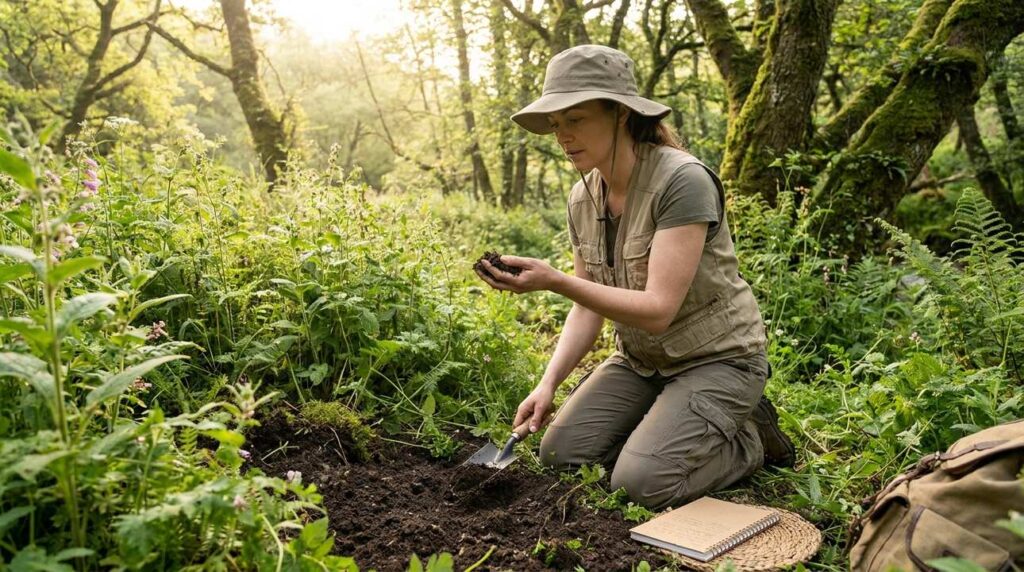 Archaeologist examining soil and plants in lush landscape at sunrise.