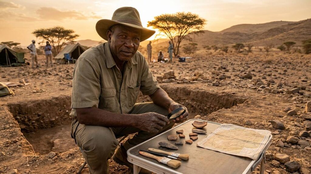African archaeologist examining artifacts with map in northeast African landscape.