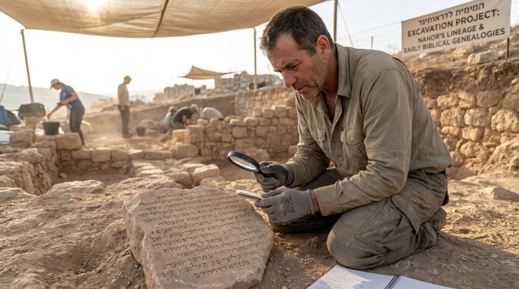 Israeli archaeologist examines ancient inscriptions at a Jerusalem excavation site.