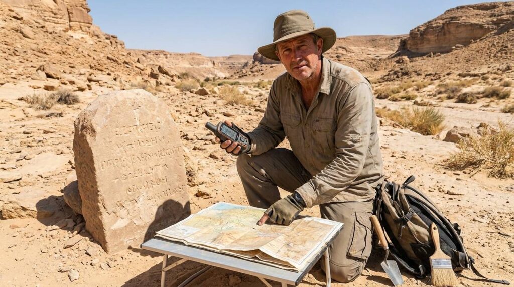 Archaeologist examining boundary stones in Egypt's desert with map and GPS.