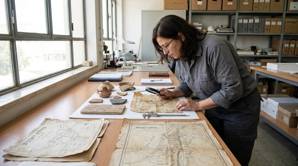Israeli archaeologist examines ancient maps and artifacts in a lab.