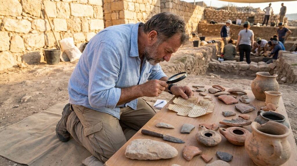 Israeli historian examines ancient scrolls at archaeological site in Israel.