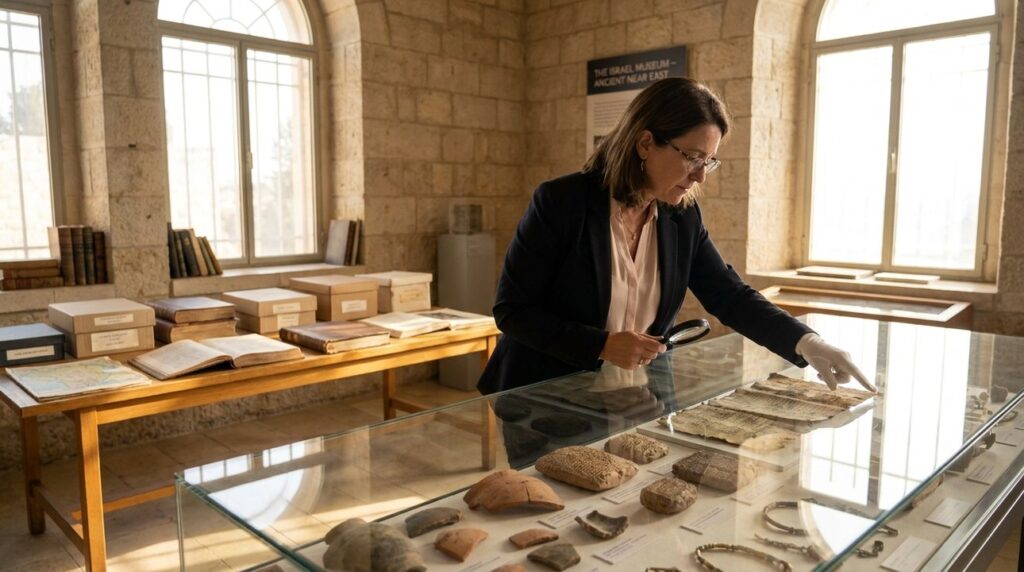 Israeli historian examines ancient artifacts in Jerusalem museum.