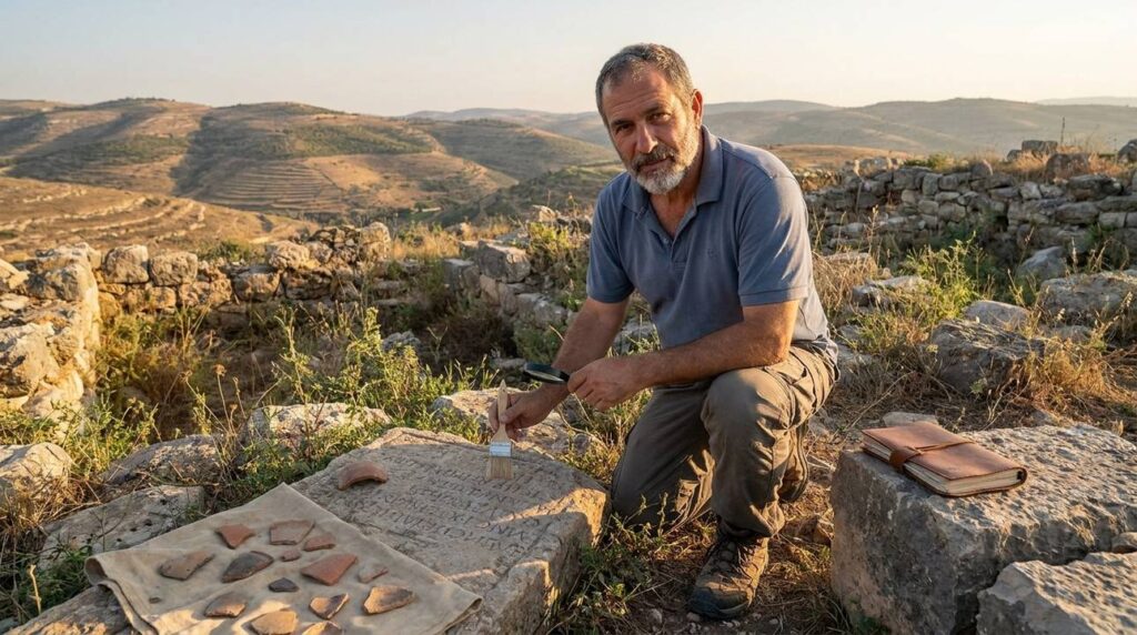 Israeli historian examines artifacts in Gilead ruins at sunset.