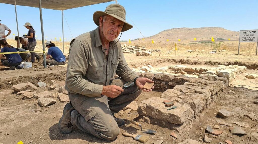 Israeli archaeologist examines artifacts at a dusty biblical excavation site.