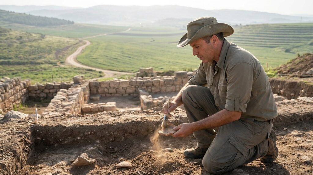 Israeli archaeologist examines artifacts at historic site in fertile landscape.
