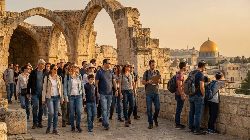 Diverse group of Israelis exploring Jerusalem's ancient stone ruins.