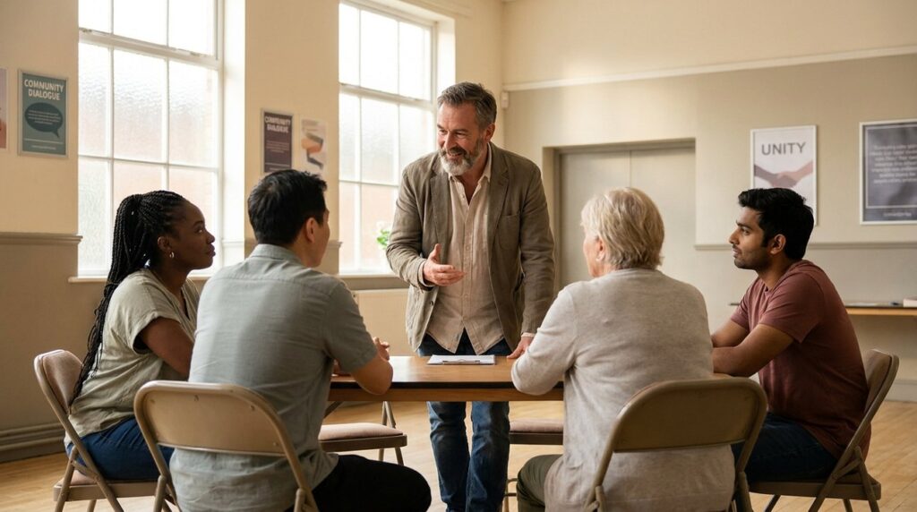Middle-aged Mediterranean man discussing with diverse adults in community hall.