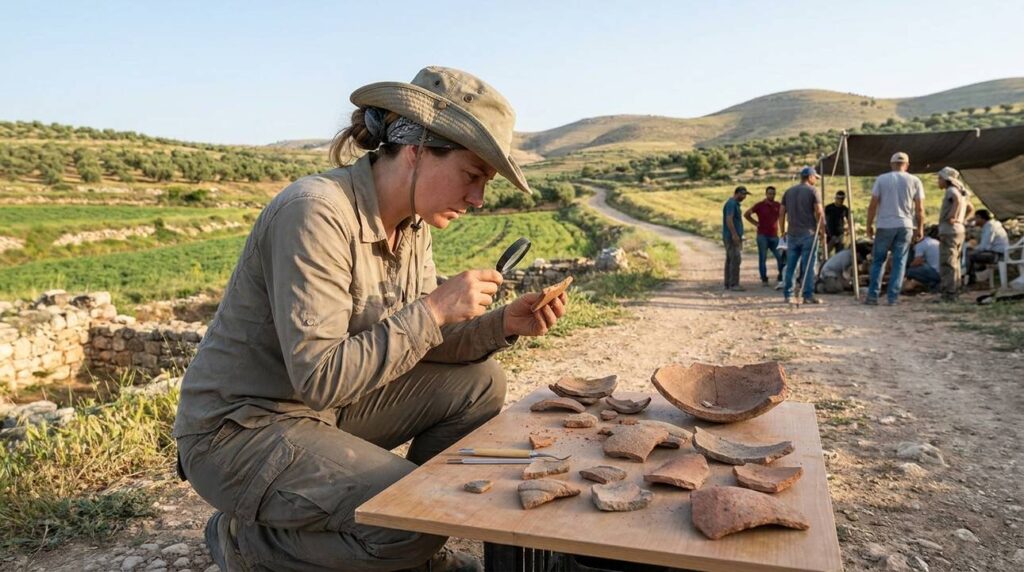 Israeli archaeologist examining pottery in Gilead's fertile fields.